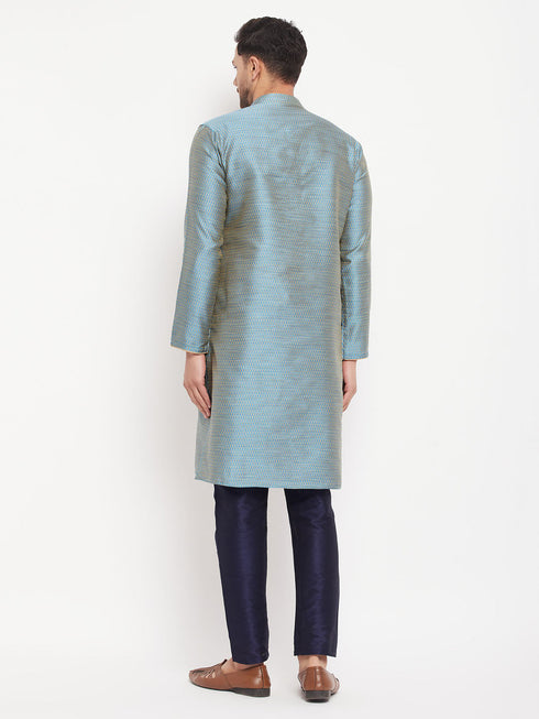 Vastramay Men's Aqua Blue Silk Blend Kurta and Navy Blue Pant Style Pyjama Set